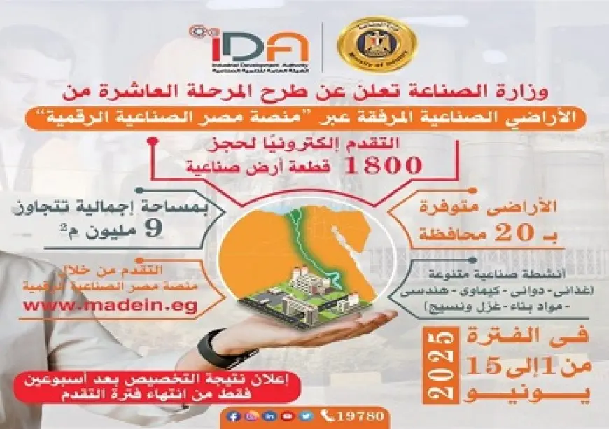 فتح باب التقدم والحجز إلكترونيا عبر منصة مصر الصناعية الرقمية خلال الفترة من 1 إلى 15 يونيو 2025