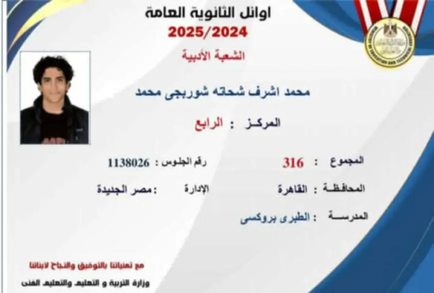 نتيجة الثانوية العامة 2025.. محمد أشرف الرابع أدبي: لم أتبع خطة للمذاكرة وقربي من الله سر تفوق