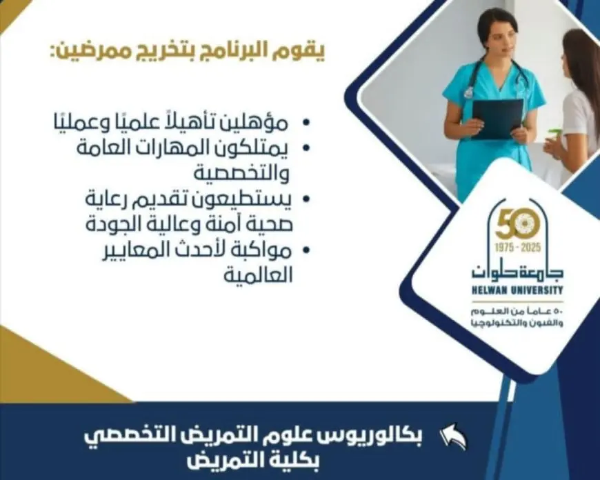 جامعة حلوان: فتح برنامج في علوم التمريض التخصصي بحد أدنى 75% لدبلوم المعاهد
