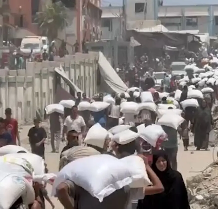 فيديو.. الأردن يدخل كميات كبيرة من أكياس الطحين إلى غزة