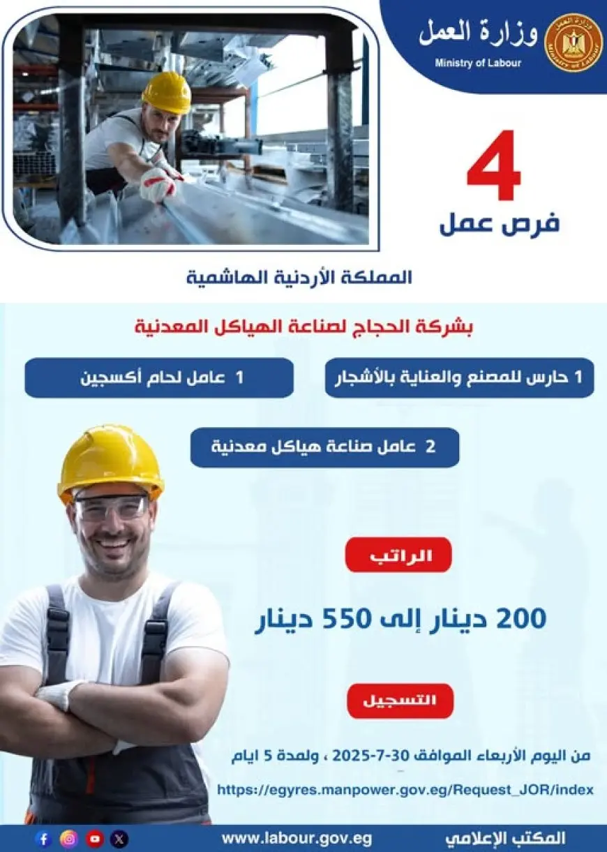 وزارة العمل: 4 فرص عمل في مصنع لصناعة الهياكل المعدنية بالأردن.. الراتب يصل إلى 550 دينارا أردنيا