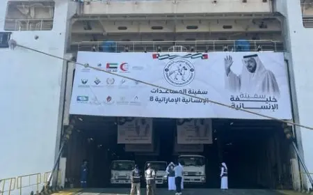 سفينة خليفة الإنسانية ترسو بميناء العريش محمّلة بآلاف الأطنان من المساعدات لـ فلسطين