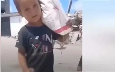 فيديو| طفل فلسطيني يحمل كيس طحين على ظهره وسكينًا بيده لمواجهة اللصوص