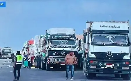 لتسليمها إلى فلسطين.. تحرك عشرات شاحنات المساعدات من معبر رفح إلى كرم أبو سالم