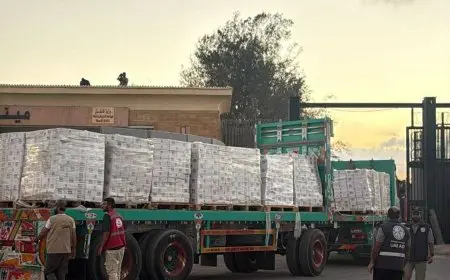 تحرك الشاحنات المحملة بالمواد الإغاثية من معبر رفح البري إلى كرم أبوسالم لتسليمها للجانب الفلسطيني